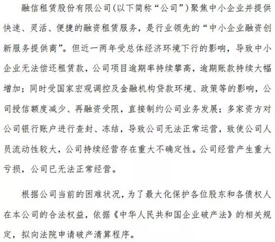 逾期租金飆至6.44億元后，融信租賃申請破產 時運不濟還是早有預謀？
